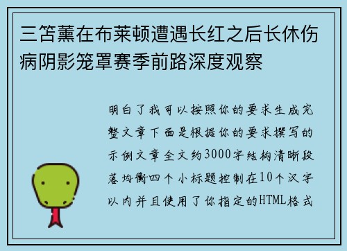 三笘薰在布莱顿遭遇长红之后长休伤病阴影笼罩赛季前路深度观察